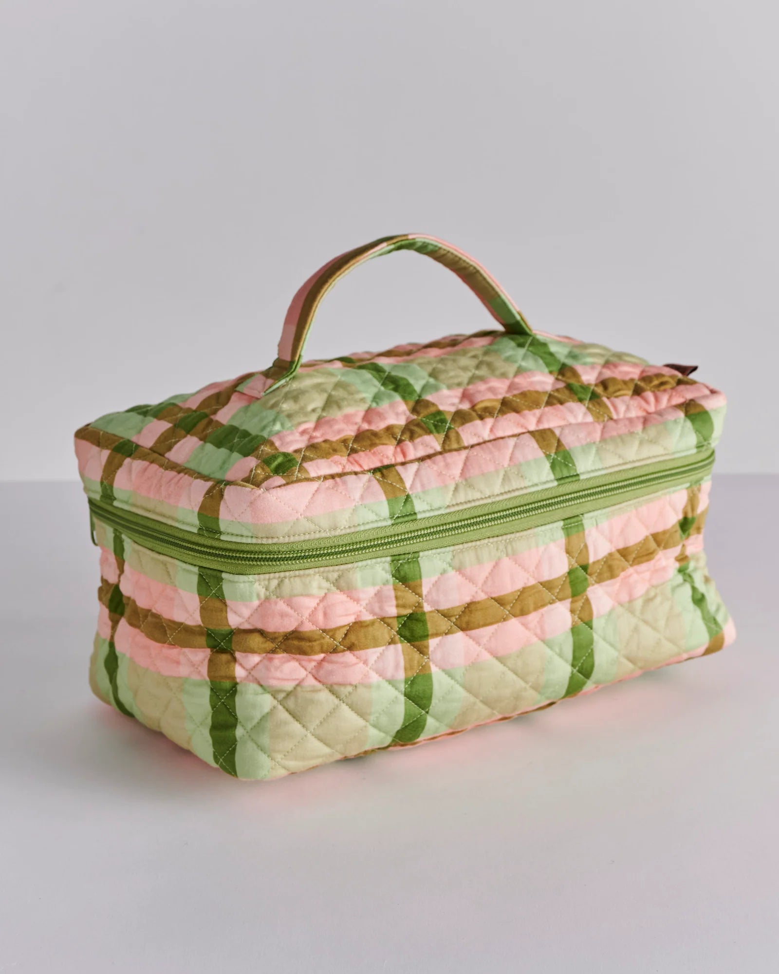 KIP & CO - QUILTED COTTON TOILETRY CASE - PISTACHIO TARTAN