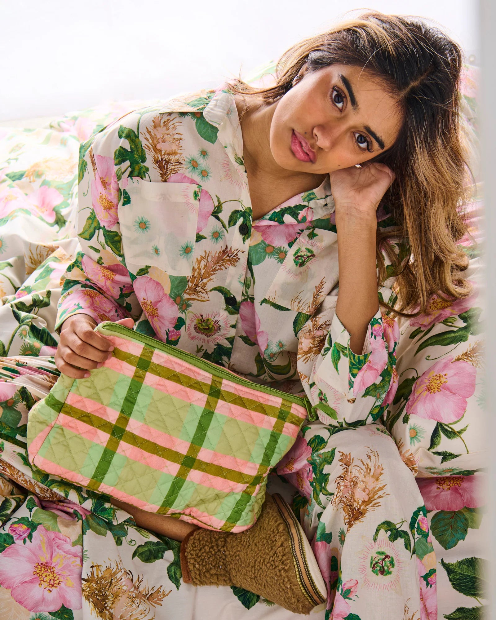 KIP & CO - QUILTED COTTON TOILETRY PURSE - PISTACHIO TARTAN