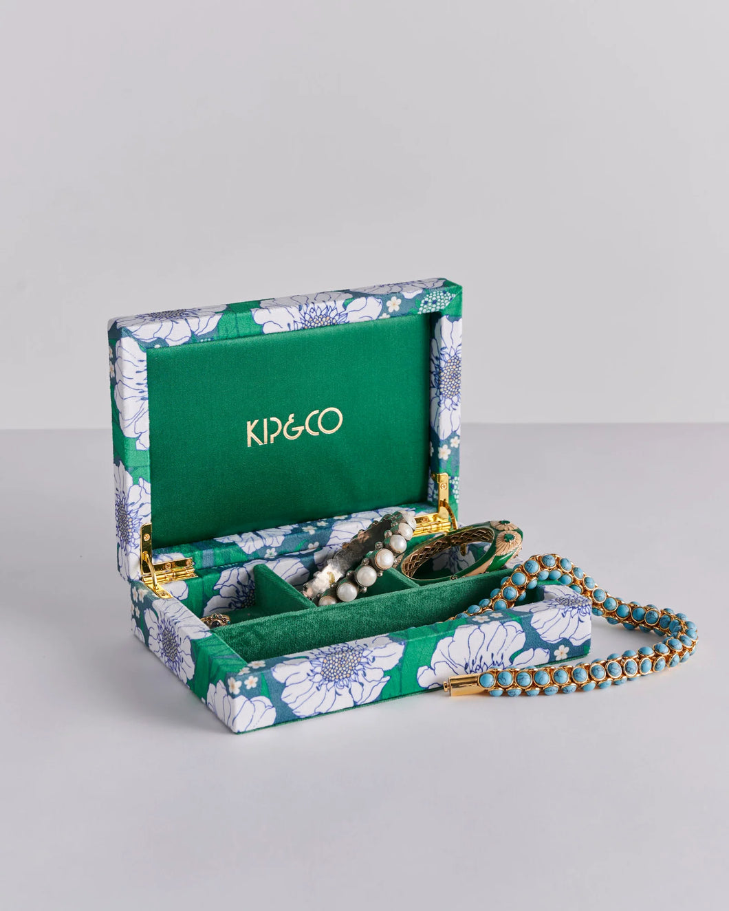 KIP & CO - VELVET JEWELLERY BOX SMALL - TUMBLING FLOWERS GREEN