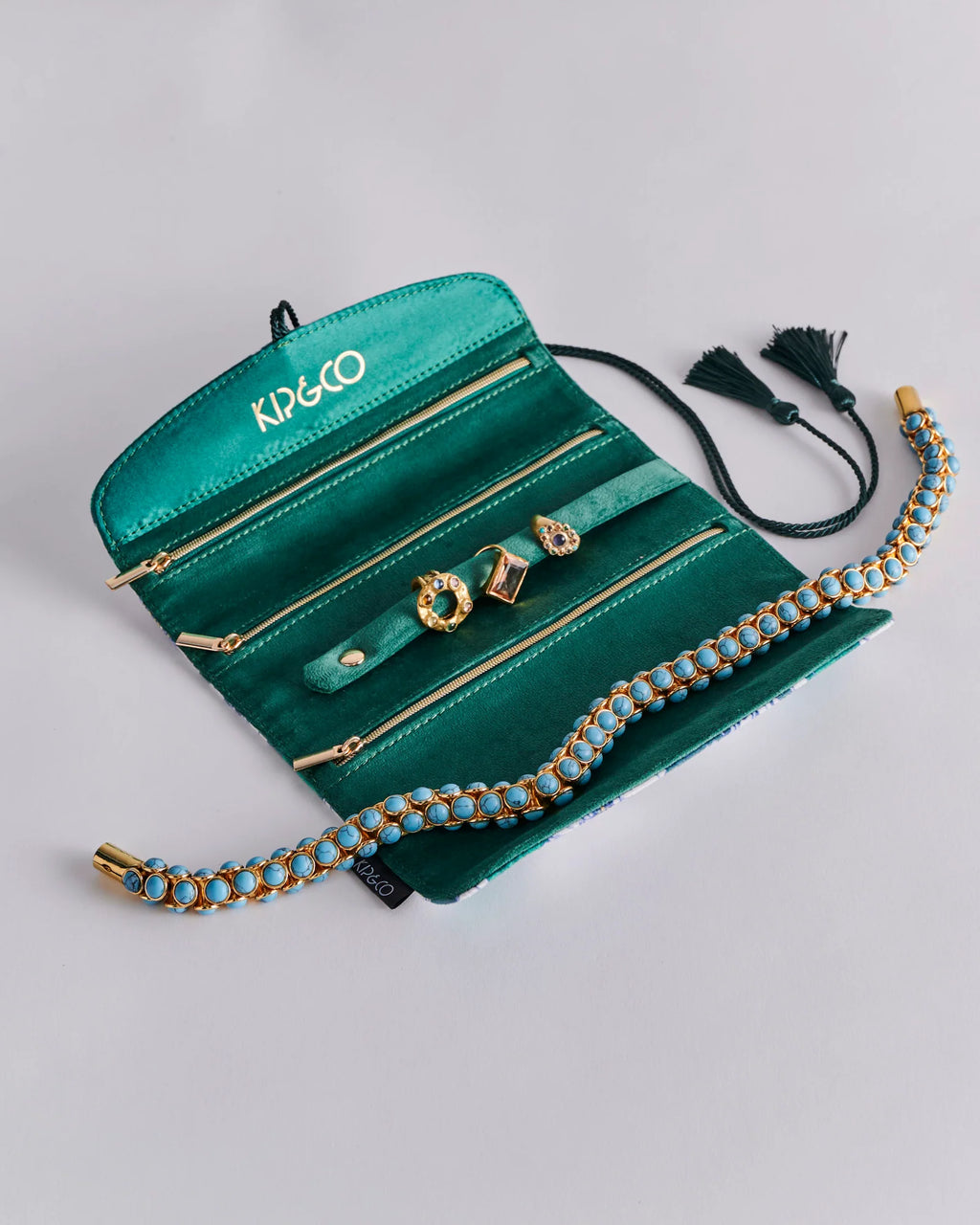 KIP & CO - VELVET JEWELLERY ROLL  - TUMBLING FLOWERS GREEN