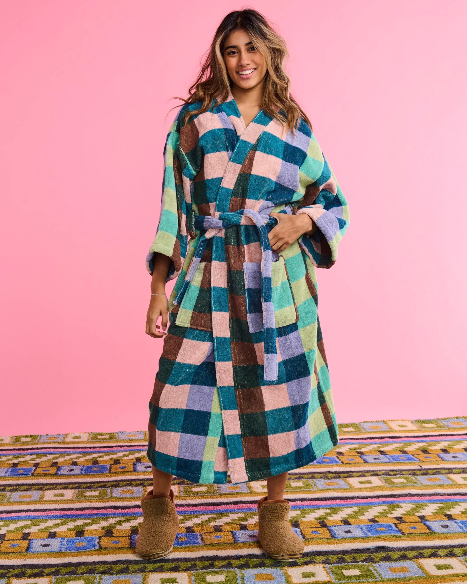 KIP & CO - TERRY BATH ROBE S/M - WOODLAND TARTAN