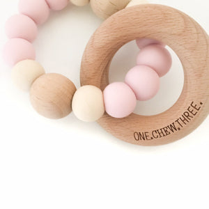 ONE CHEW THREE - SINGLE RATTLE SILICONE & BEECH WOOD TEETHER - PALE PINK & CREAM