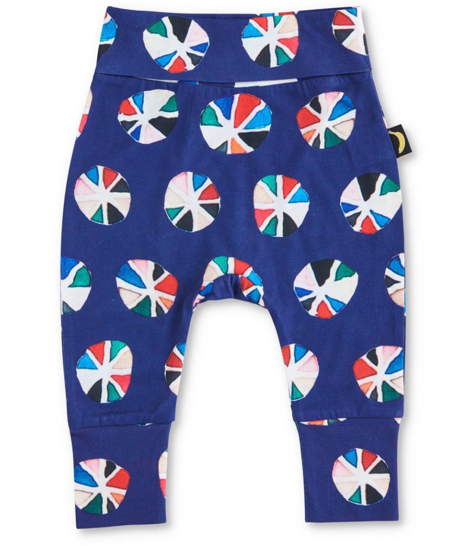 KIP & CO - PIN WHEEL NAVY ORGANIC DROP CROTCH PANT