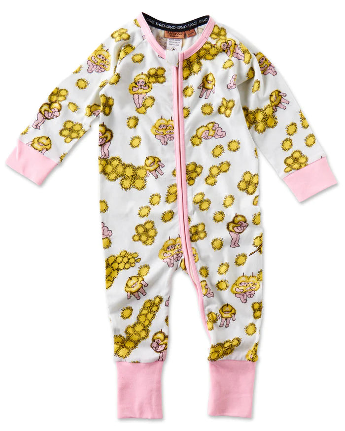 KIP & CO X MAY GIBBS - WATTLE DANCE WHITE ORGANIC COTTON LONG SLEEVE ZIP ROMPER