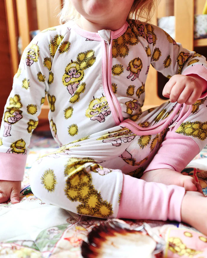 KIP & CO X MAY GIBBS - WATTLE DANCE WHITE ORGANIC COTTON LONG SLEEVE ZIP ROMPER