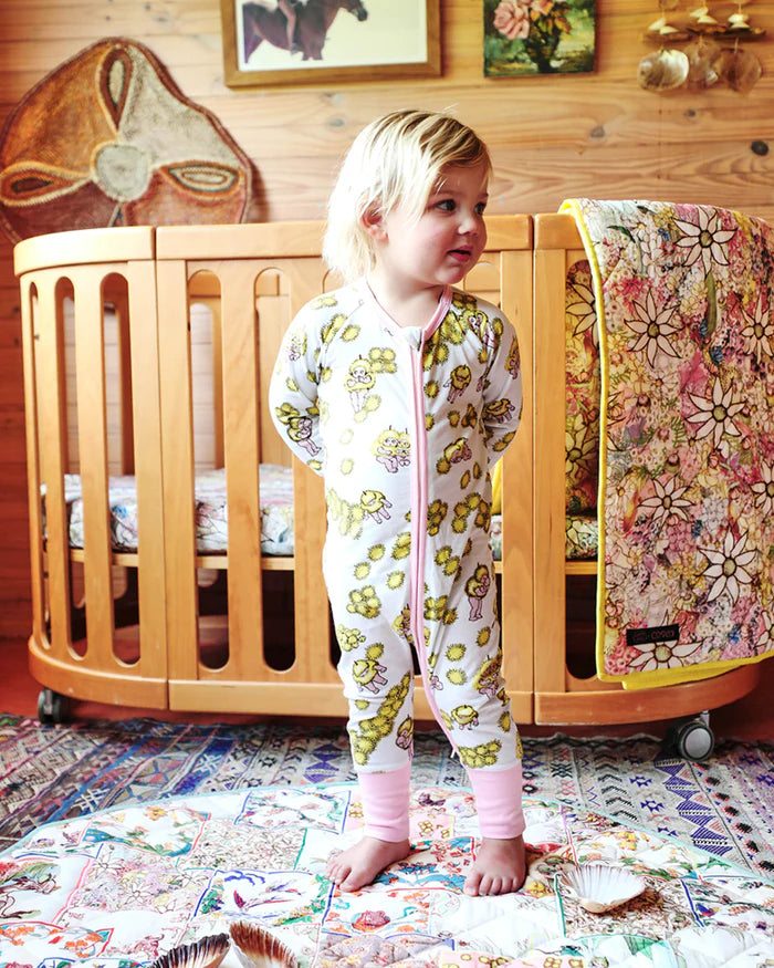 KIP & CO X MAY GIBBS - WATTLE DANCE WHITE ORGANIC COTTON LONG SLEEVE ZIP ROMPER
