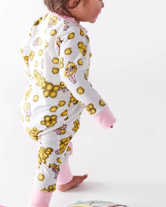 KIP & CO X MAY GIBBS - WATTLE DANCE WHITE ORGANIC COTTON LONG SLEEVE ZIP ROMPER